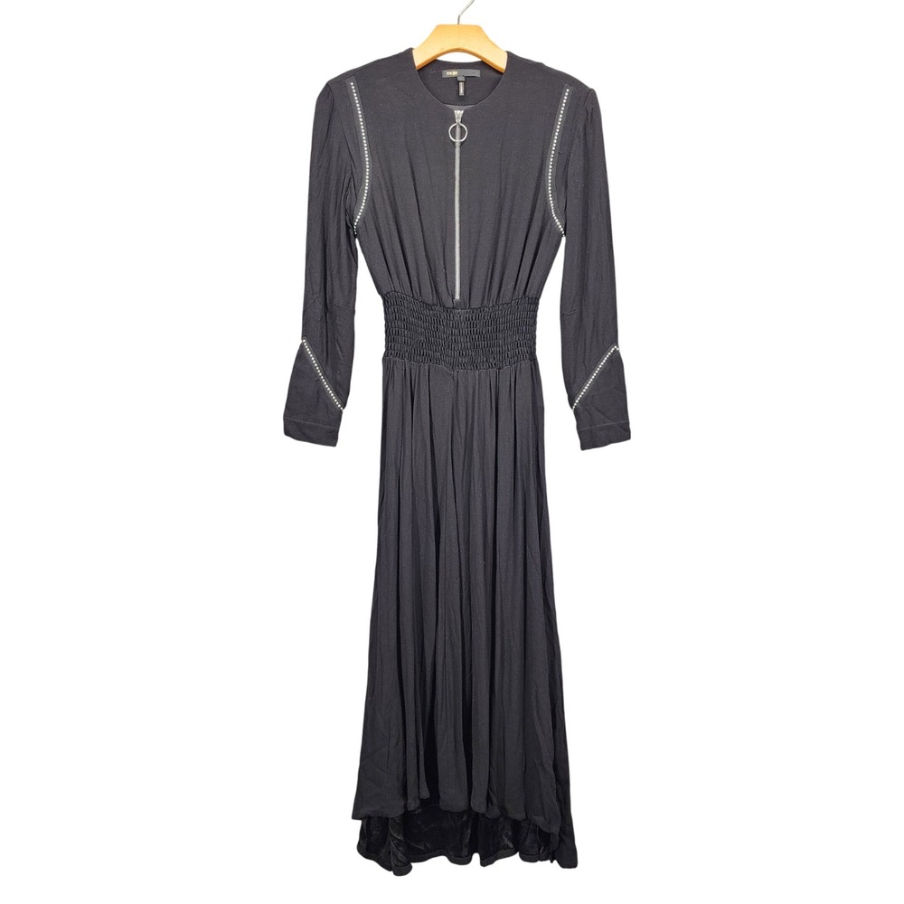 Maje Rimage Black Studded Zip Front Smocked Waist Maxi Dress Size 1 Small